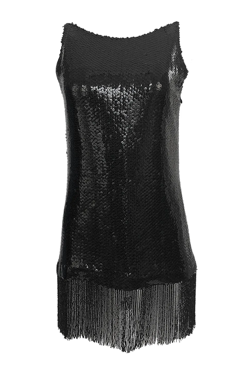 Fall 1974 Bill Blass Densely Covered Black Sequin Fringed Tunic & Skirt Dress Set