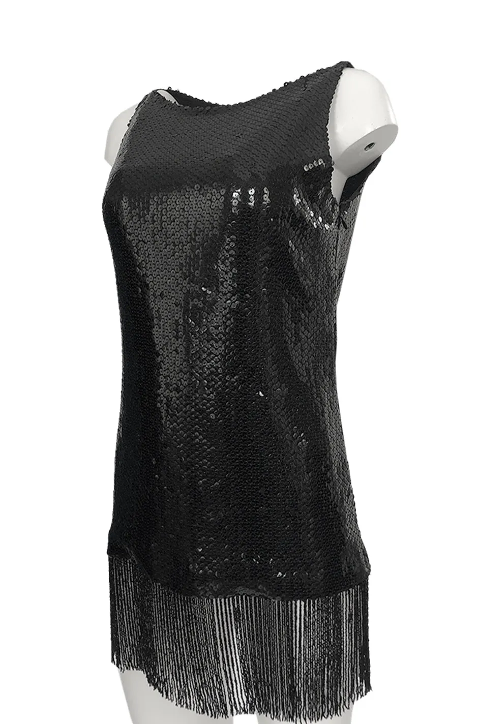 Fall 1974 Bill Blass Densely Covered Black Sequin Fringed Tunic & Skirt Dress Set