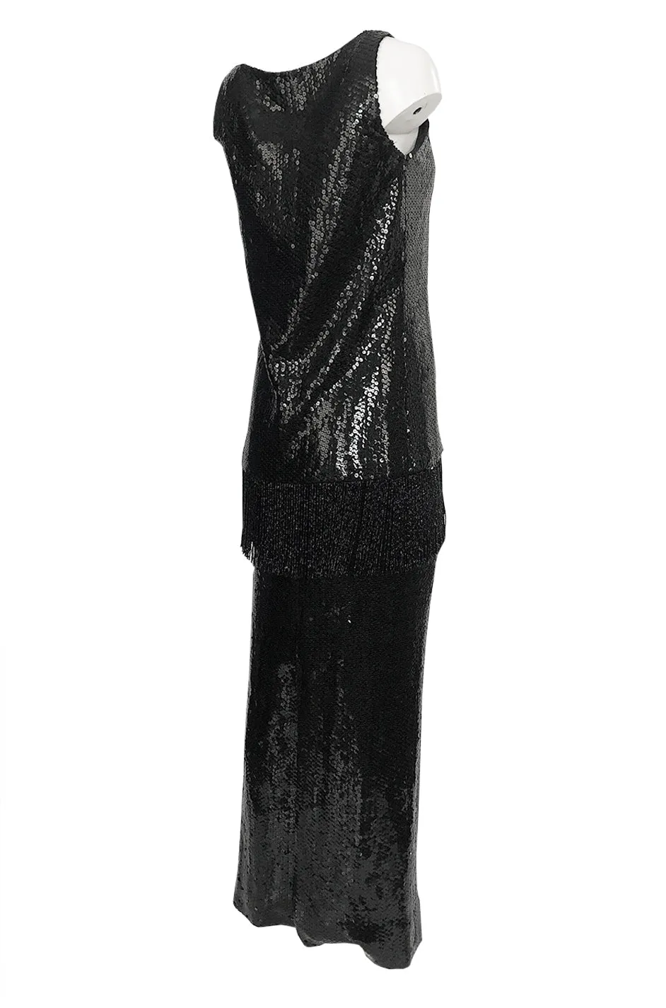 Fall 1974 Bill Blass Densely Covered Black Sequin Fringed Tunic & Skirt Dress Set