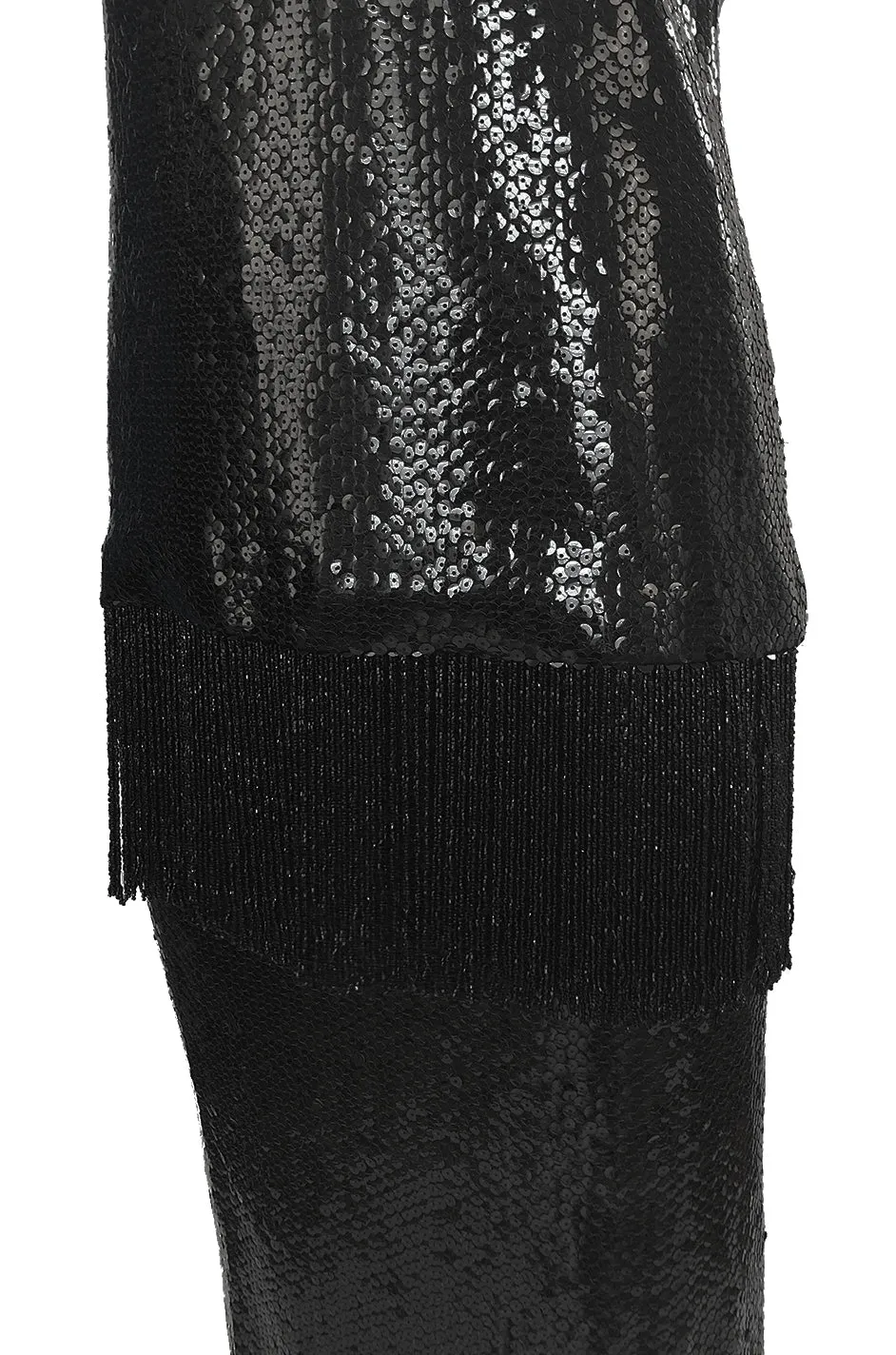 Fall 1974 Bill Blass Densely Covered Black Sequin Fringed Tunic & Skirt Dress Set