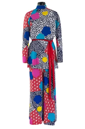 Fantastic 1970s Hanae Mori Bright Floral Print Jersey Pant & Top Set w Signed Belt