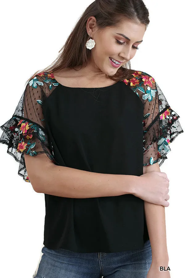 Floral Embroidered Layered & Ruffled Sleeve Top, Black