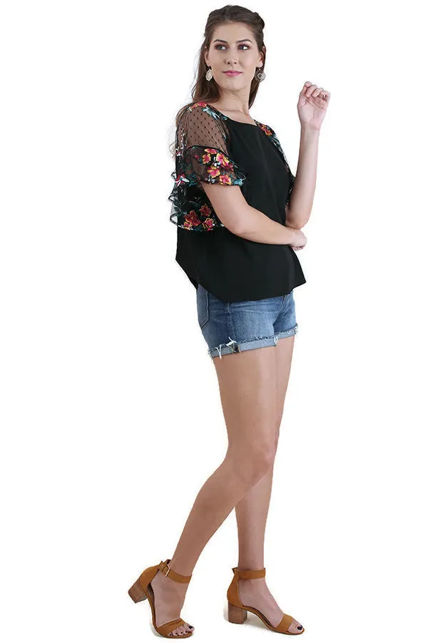 Floral Embroidered Layered & Ruffled Sleeve Top, Black