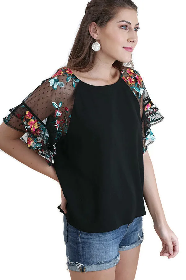Floral Embroidered Layered & Ruffled Sleeve Top, Black