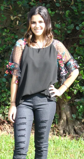 Floral Embroidered Layered & Ruffled Sleeve Top, Black