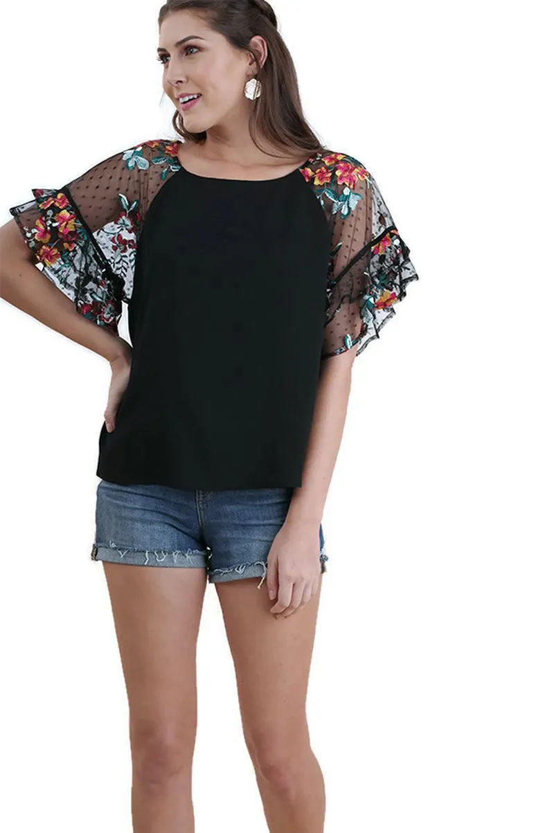 Floral Embroidered Layered & Ruffled Sleeve Top, Black