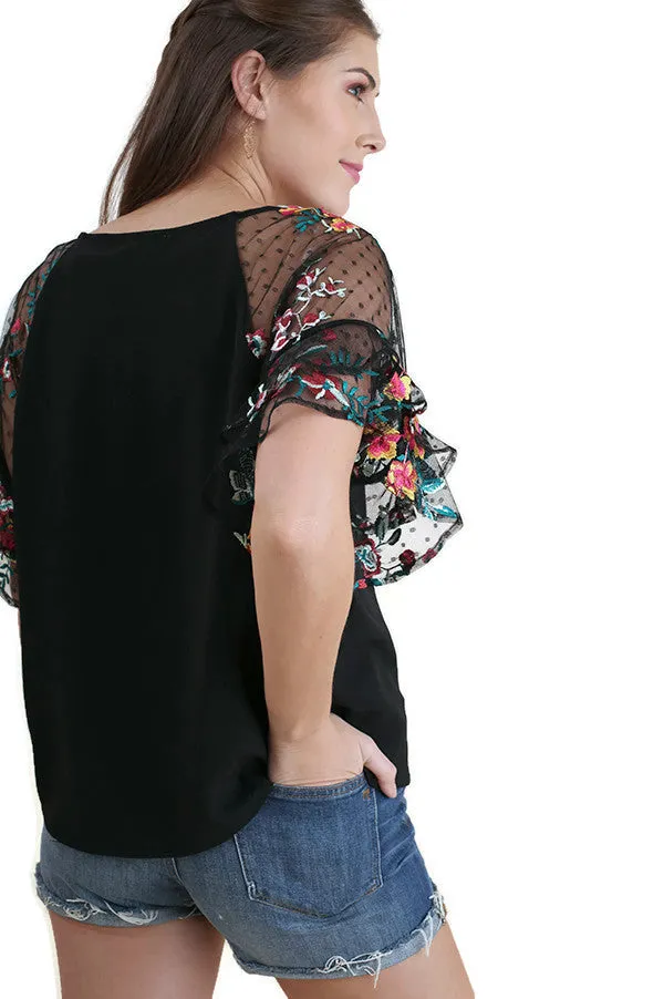 Floral Embroidered Layered & Ruffled Sleeve Top, Black