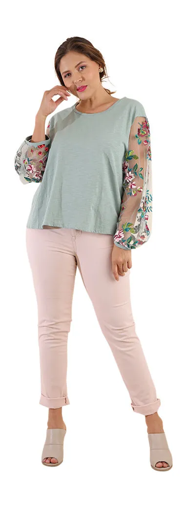 Floral Embroidered Top, Dusty Mint