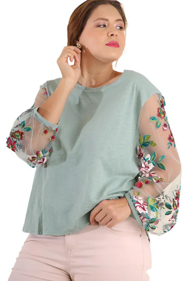 Floral Embroidered Top, Dusty Mint