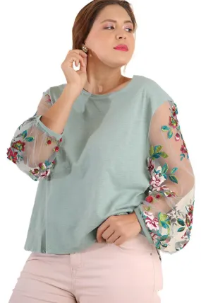 Floral Embroidered Top, Dusty Mint