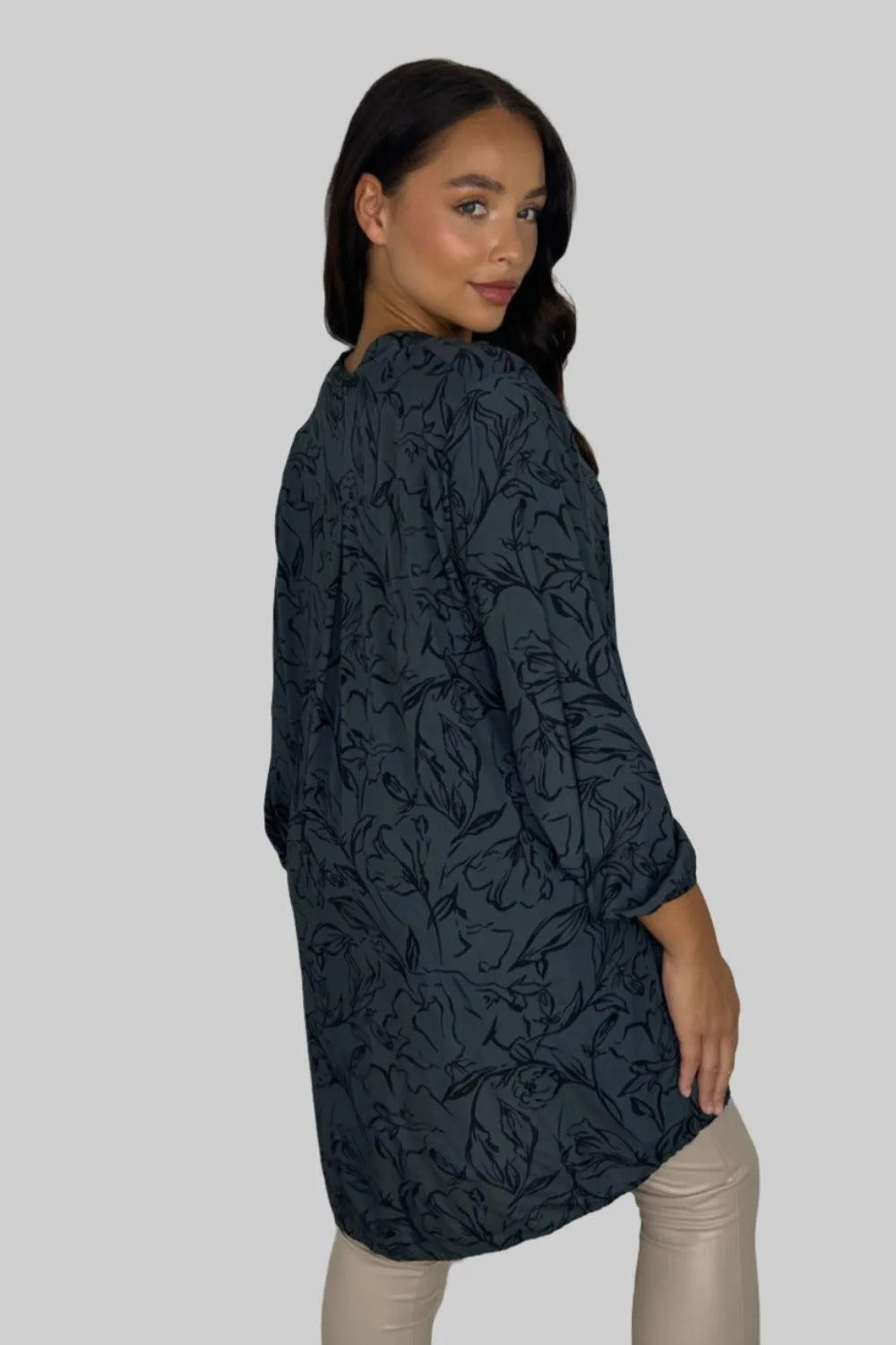 Floral Pattern Grandad Collar Sheer Viscose Tunic
