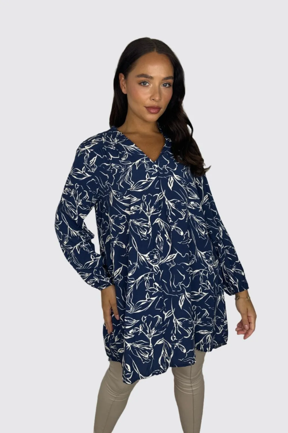 Floral Pattern Grandad Collar Sheer Viscose Tunic