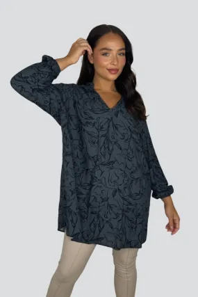 Floral Pattern Grandad Collar Sheer Viscose Tunic