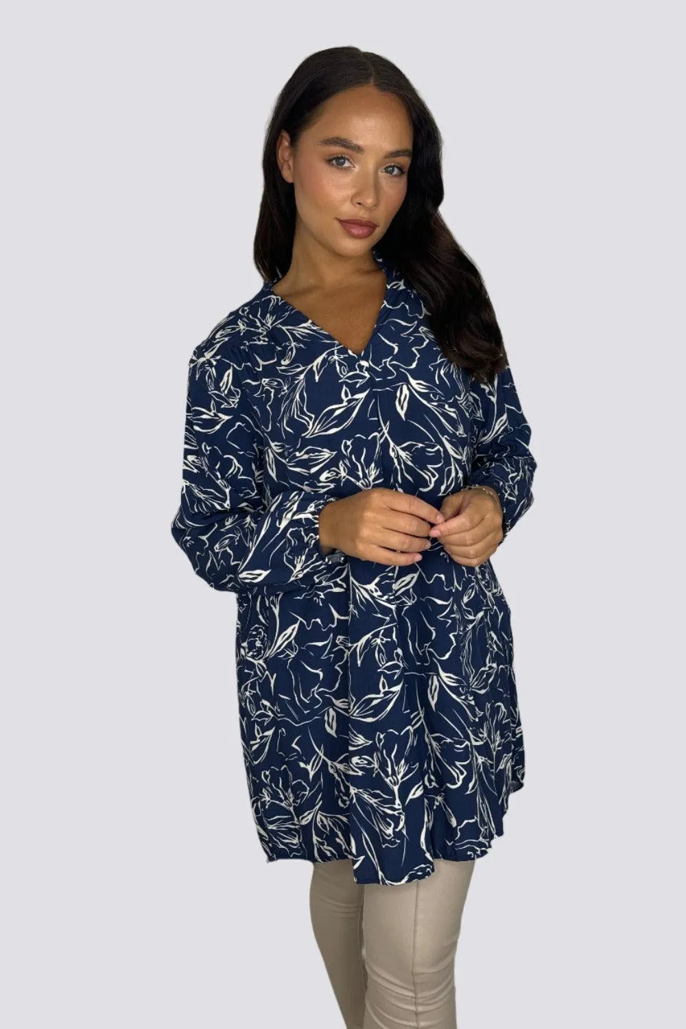 Floral Pattern Grandad Collar Sheer Viscose Tunic