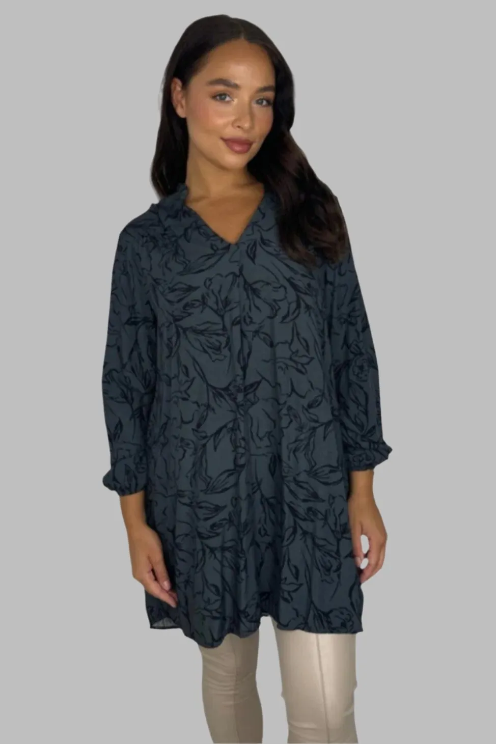Floral Pattern Grandad Collar Sheer Viscose Tunic