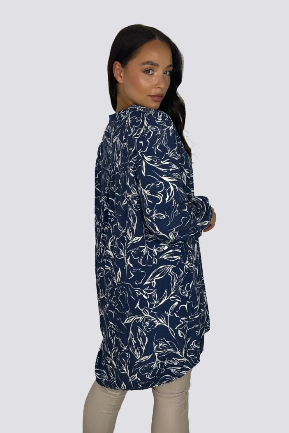 Floral Pattern Grandad Collar Sheer Viscose Tunic
