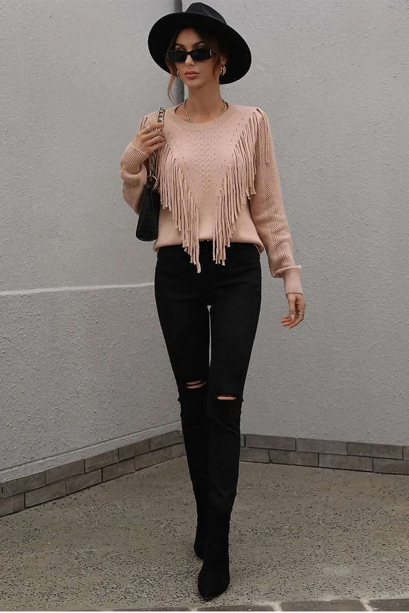FRONT TASSEL DETAILED KNIT SWEATER TOP