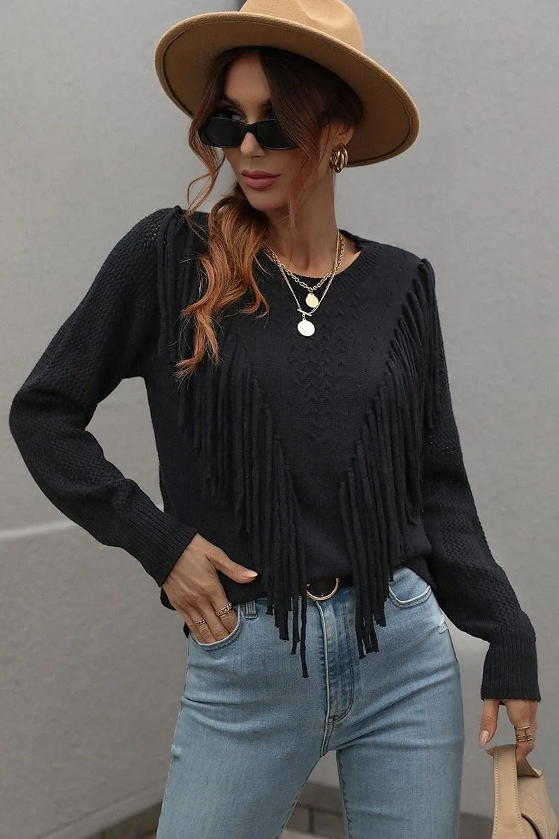 FRONT TASSEL DETAILED KNIT SWEATER TOP
