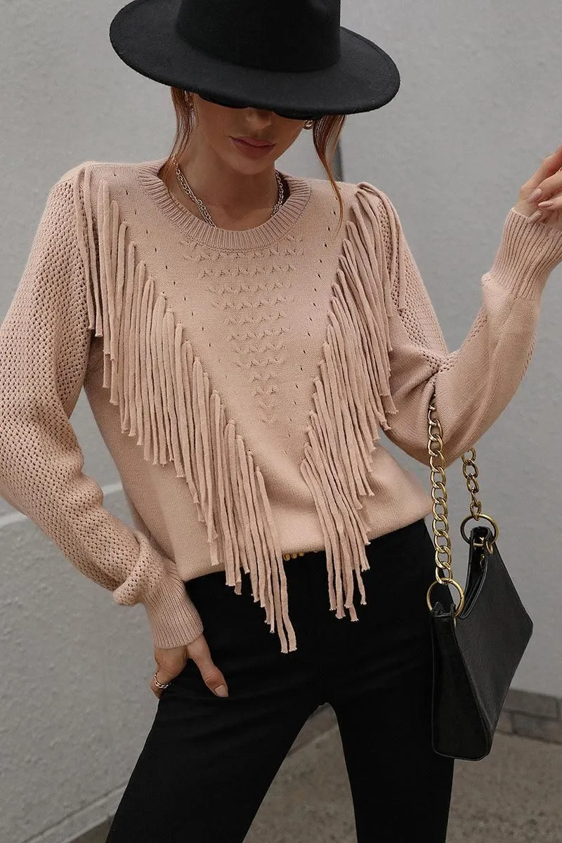 FRONT TASSEL DETAILED KNIT SWEATER TOP