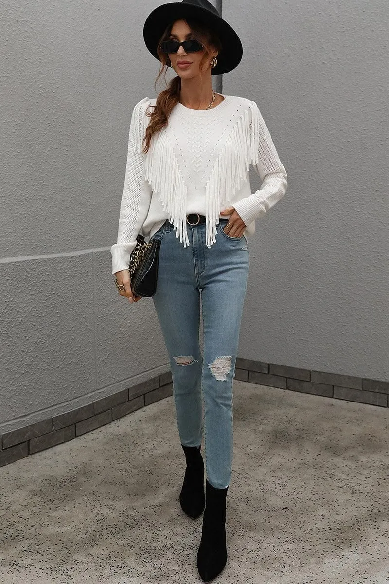 FRONT TASSEL DETAILED KNIT SWEATER TOP