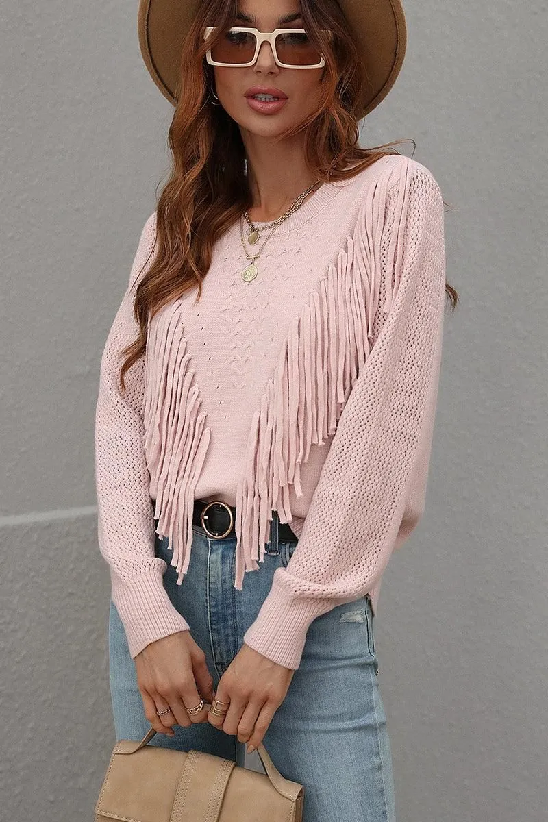FRONT TASSEL DETAILED KNIT SWEATER TOP