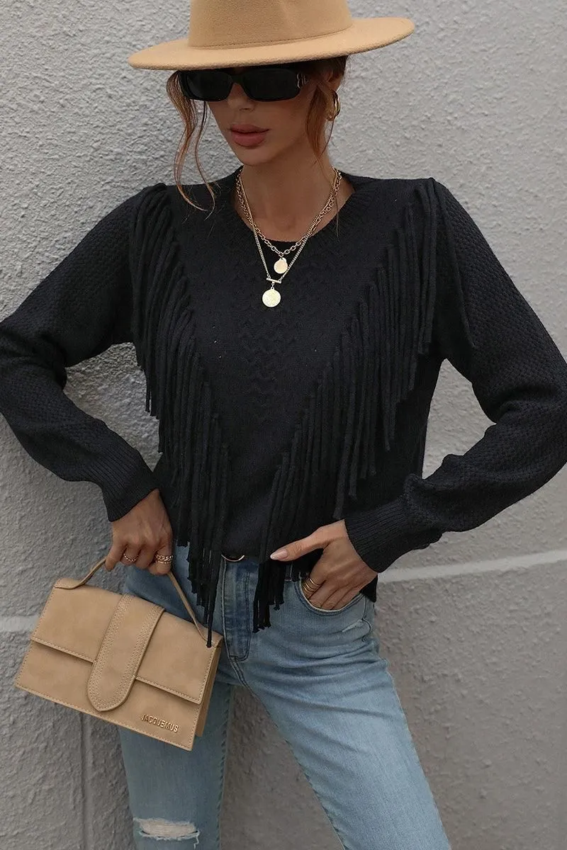 FRONT TASSEL DETAILED KNIT SWEATER TOP