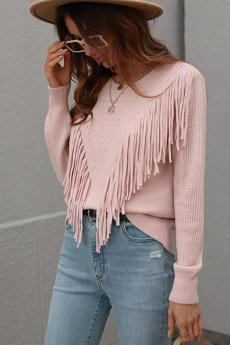 FRONT TASSEL DETAILED KNIT SWEATER TOP