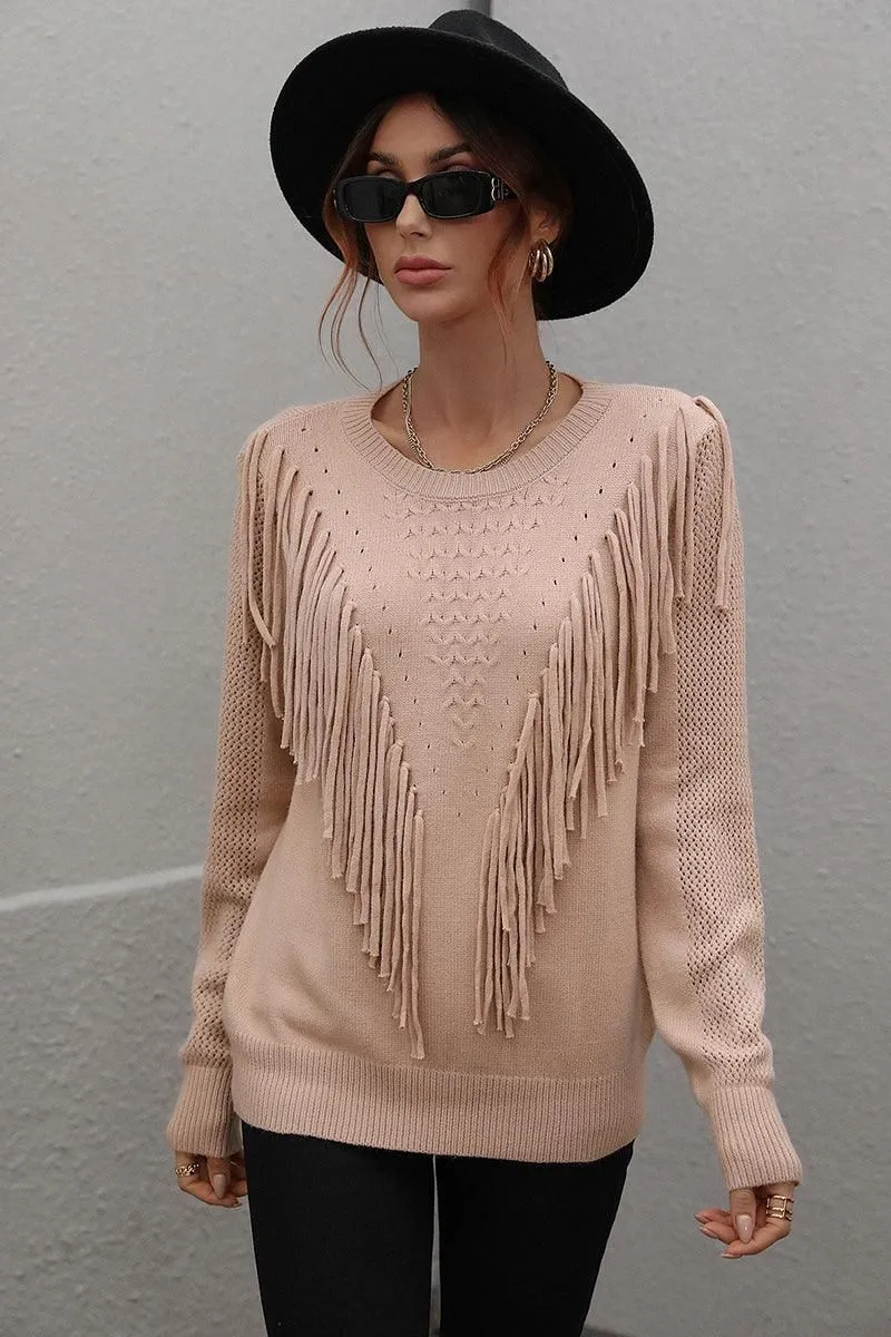 FRONT TASSEL DETAILED KNIT SWEATER TOP