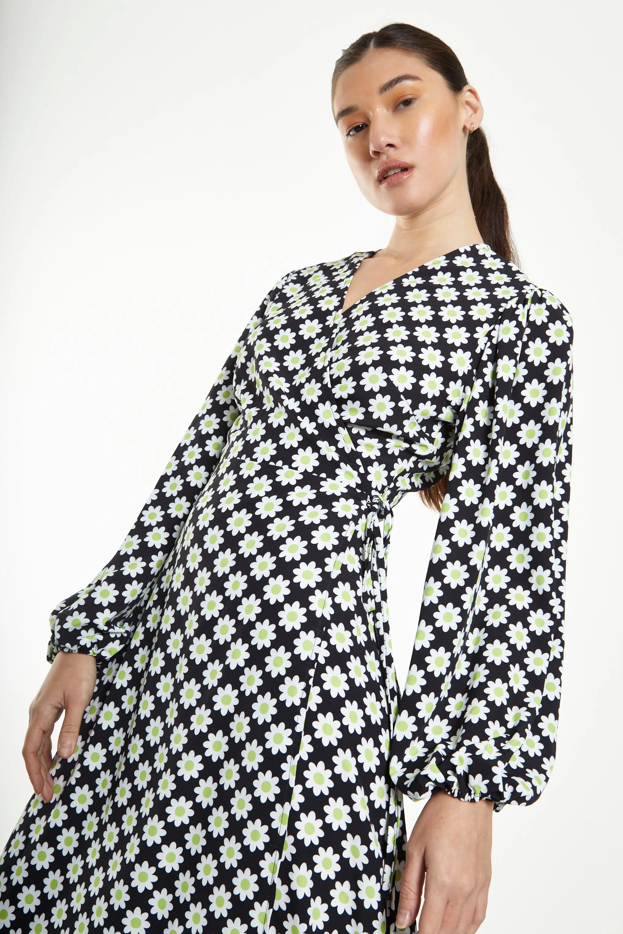 Glamorous Sixties Flower Long Sleeve Wrap Midi Dress