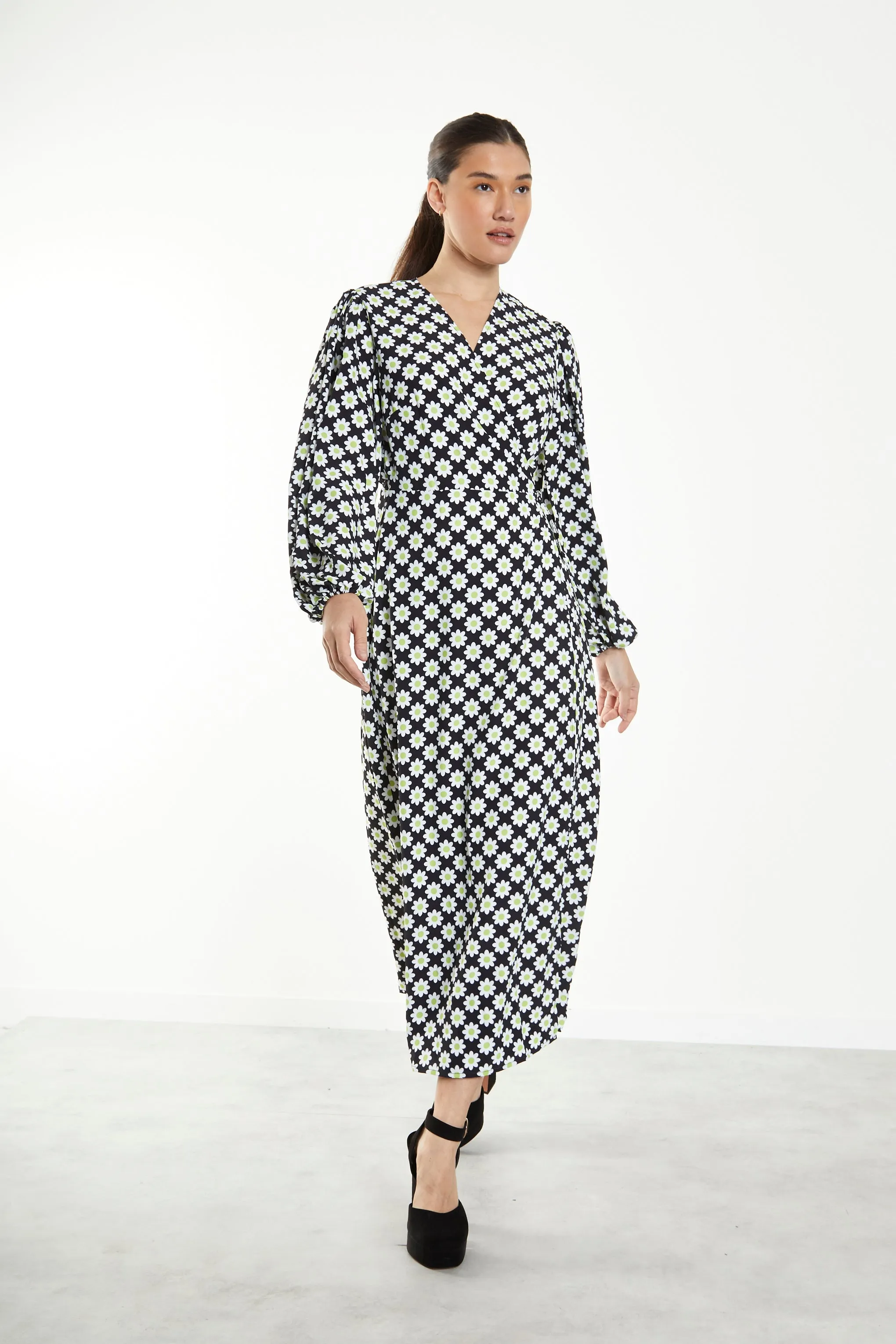 Glamorous Sixties Flower Long Sleeve Wrap Midi Dress