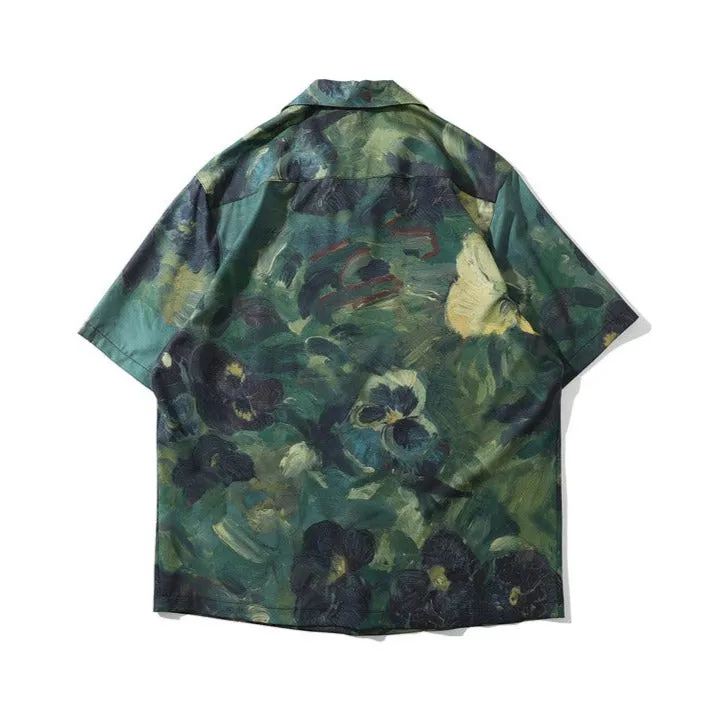 Green Floral Paint Print Shirt