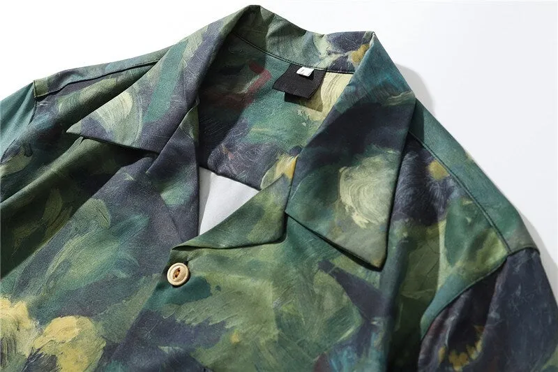 Green Floral Paint Print Shirt