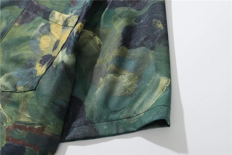 Green Floral Paint Print Shirt