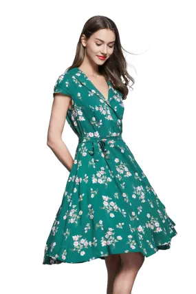 Green Shawl Collared Wrap Dress with Pink and White Petunia Flowers and Pockets