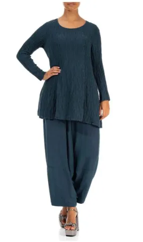 GRIZAS- FLARED CRINKLED DARK TEAL SILK TUNIC