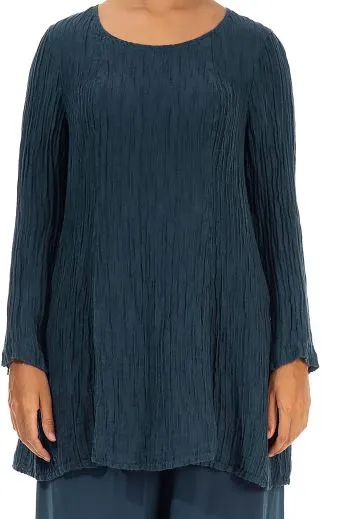 GRIZAS- FLARED CRINKLED DARK TEAL SILK TUNIC