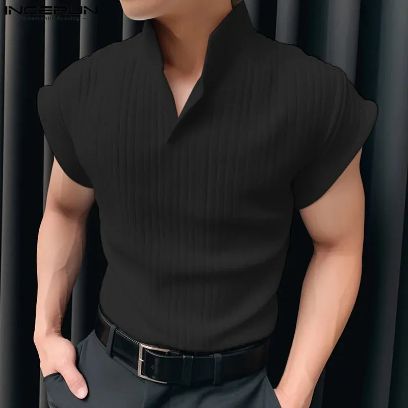 INCERUN männer T Shirt Gestrickte Einfarbig Revers Kurzarm Casual Männer Kleidung Sommer Streetwear 2024 Mode T Tops s-5XL