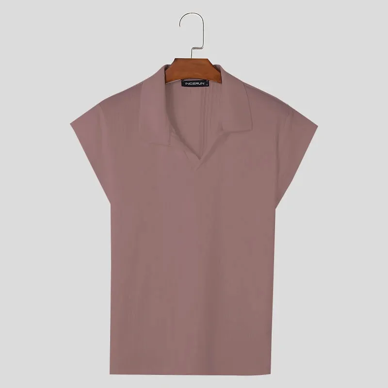 INCERUN männer T Shirt Gestrickte Einfarbig Revers Kurzarm Casual Männer Kleidung Sommer Streetwear 2024 Mode T Tops s-5XL