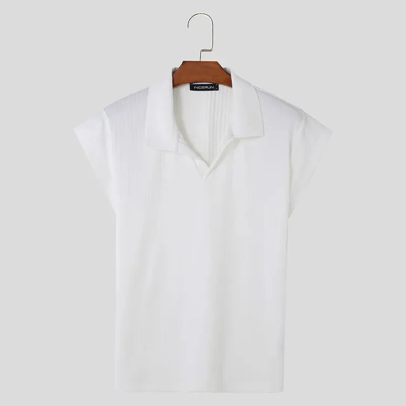 INCERUN männer T Shirt Gestrickte Einfarbig Revers Kurzarm Casual Männer Kleidung Sommer Streetwear 2024 Mode T Tops s-5XL