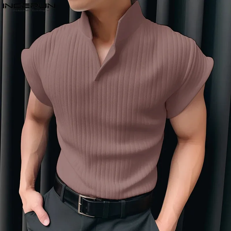 INCERUN männer T Shirt Gestrickte Einfarbig Revers Kurzarm Casual Männer Kleidung Sommer Streetwear 2024 Mode T Tops s-5XL