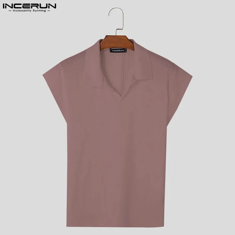 INCERUN männer T Shirt Gestrickte Einfarbig Revers Kurzarm Casual Männer Kleidung Sommer Streetwear 2024 Mode T Tops s-5XL