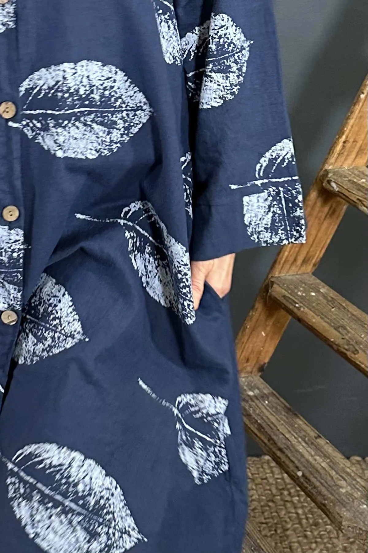 Irene Print Button Linen Tunic Navy