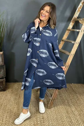 Irene Print Button Linen Tunic Navy