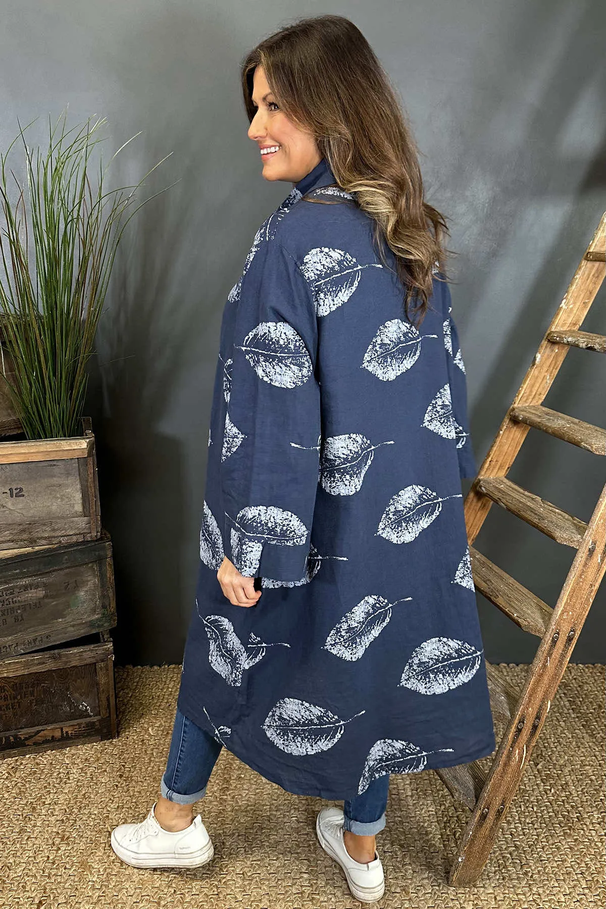 Irene Print Button Linen Tunic Navy