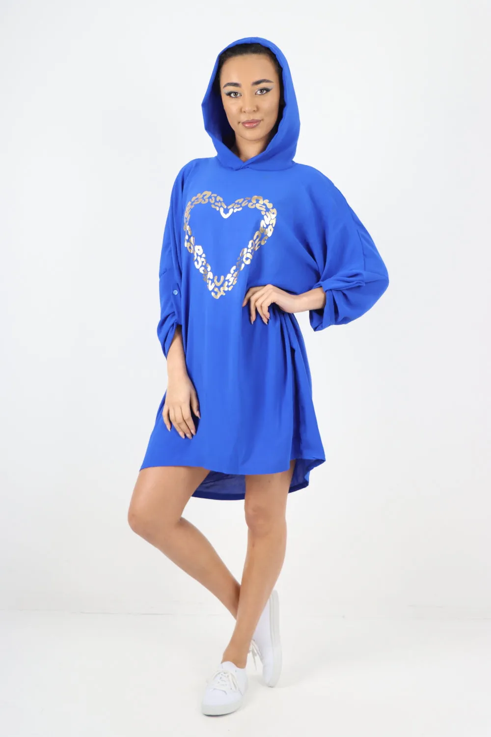 Italian Printed Foil Heart Hooded Tunic Top