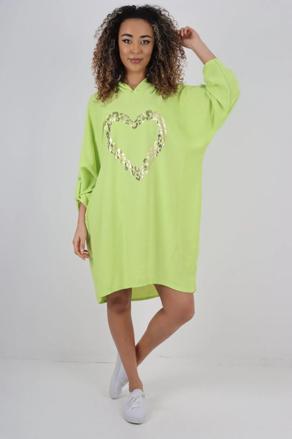 Italian Printed Foil Heart Hooded Tunic Top