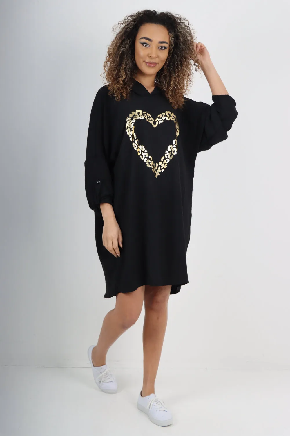 Italian Printed Foil Heart Hooded Tunic Top
