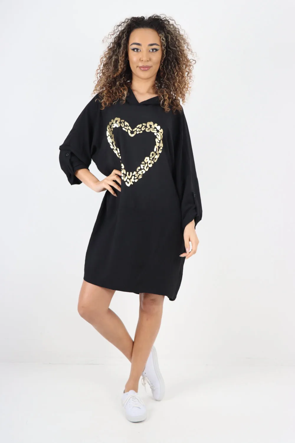 Italian Printed Foil Heart Hooded Tunic Top