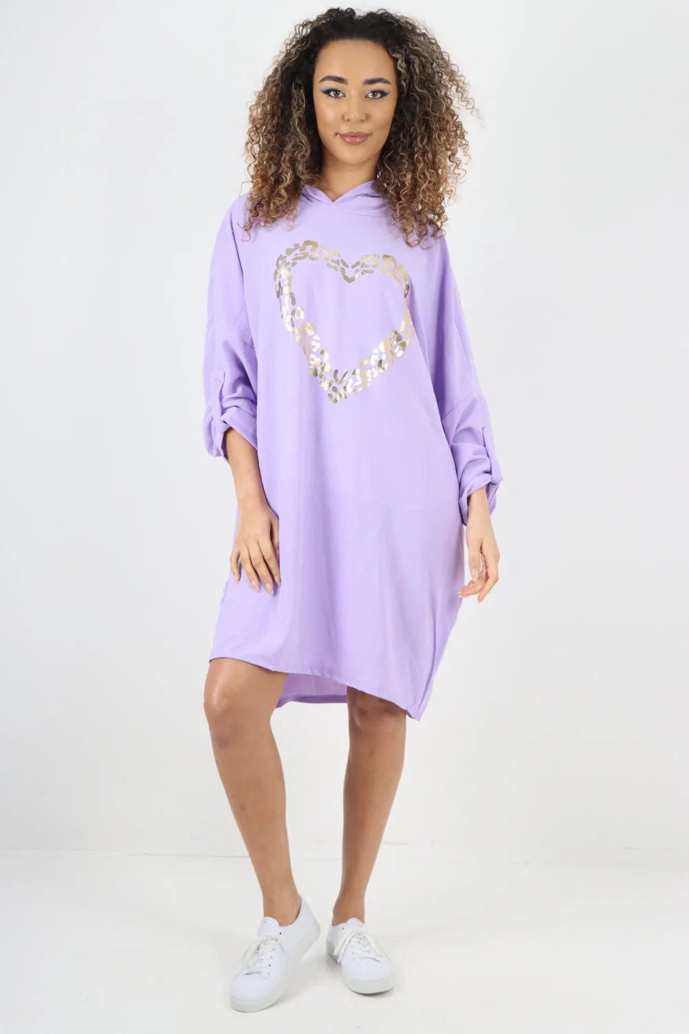 Italian Printed Foil Heart Hooded Tunic Top