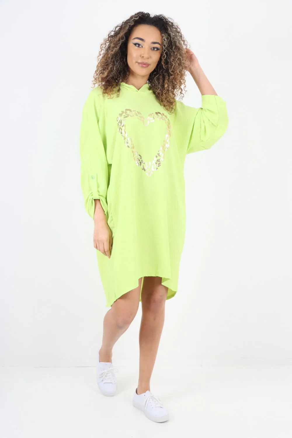 Italian Printed Foil Heart Hooded Tunic Top